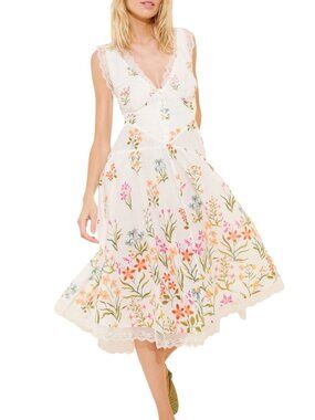 Anthropologie Midi Dress Open Back Drop Waist Smocked Lace Floral L NWT